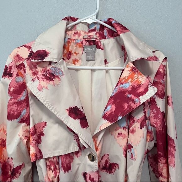 Chico's Ikat Floral Trench Coat W/Removeable Hood Size L NWOT! - Picture 2 of 9